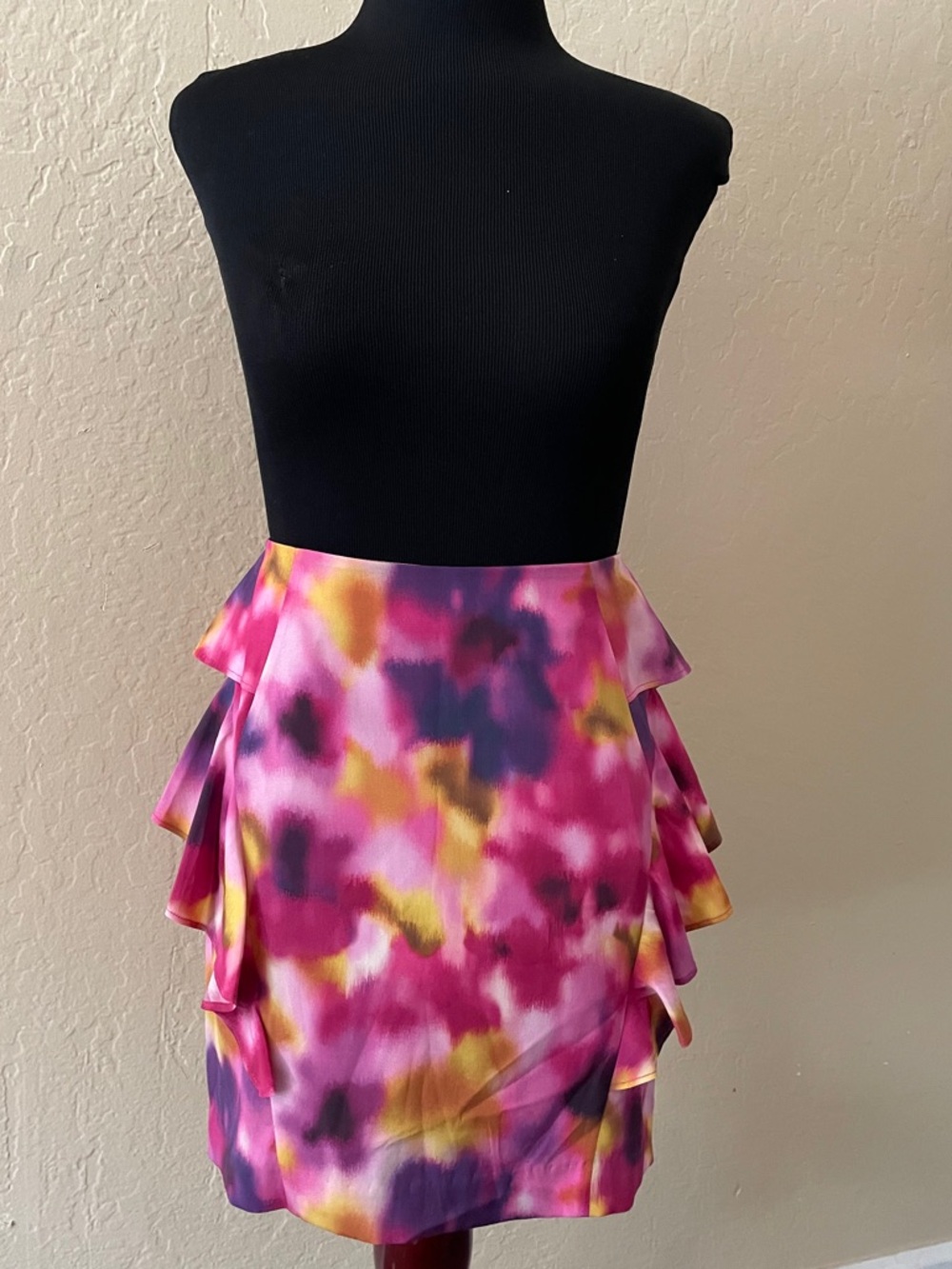 bebe Pink, Yellow & Purple Watercolor Tiered Mini Skirt